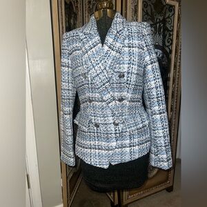 Rachel Zoe Blue & White Tweed Double-Breasted Blazer
